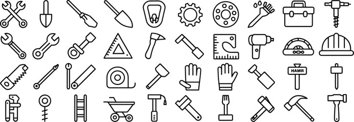Construction tool icons, black and white line art, industrial equipment symbols, carpentry and repair graphics, minimal vector set, mechanical work illustrations, toolbox elements