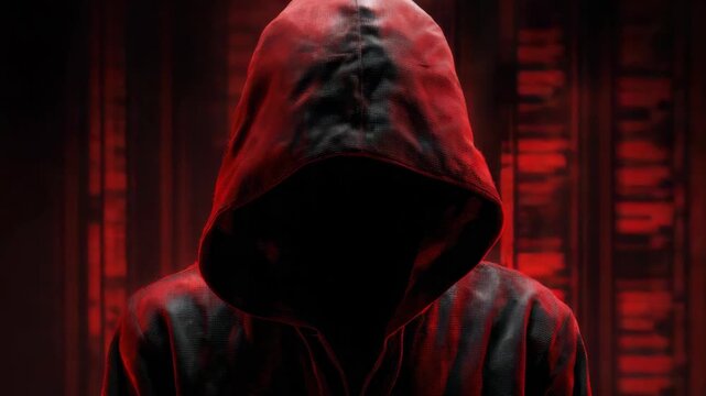 Hooded person in red-black jacket with hidden face, dark cyber background, concept of anonymity, hacking, digital security threat
