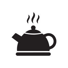 Steaming black kettle icon for hot beverage and kitchen concepts