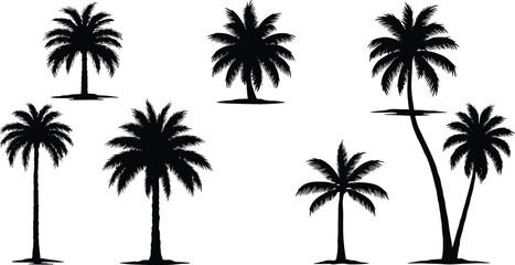 Black silhouette palm trees vector illustration set with tropical variations, hammock between trunks, summer vacation nature design for beach holiday artwork