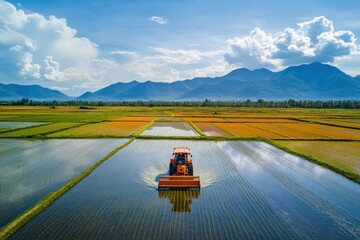 Fototapeta premium Big Orange Harvester Cutting Through Asian Rice