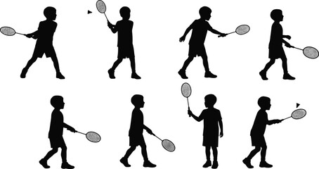 Black silhouette vector illustration of badminton players in multiple action poses with racket and shuttlecock, sports activity design for stock