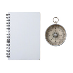 A blank spiralbound notebook and a vintage compass isolated on a transparent background, symbolizing travel, planning, and direction
