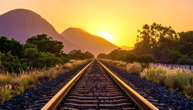 Golden sunset over railway tracks - Powered by Adobe