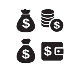 Collection of four black silhouette icons representing money wealth finance and saving concepts