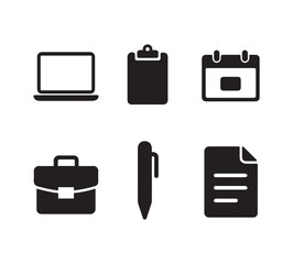 Modern business icons featuring laptop briefcase calendar pen document and clipboard for presentations