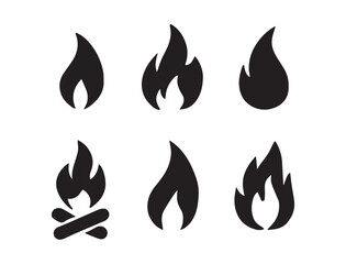 Six simple black fire flame icons representing heat energy and danger for design
