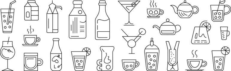 Drink and beverage icons, cups bottles and glasses, black and white line art, minimal drinkware graphics, coffee cocktail visuals, refreshment vector set