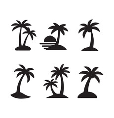 Fototapeta premium Collection of six simple black silhouette palm trees isolated on a for travel designs