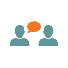 Two stylized figures in teal are facing each other with an orange speech bubble between them, symbolizing communication or conversation.