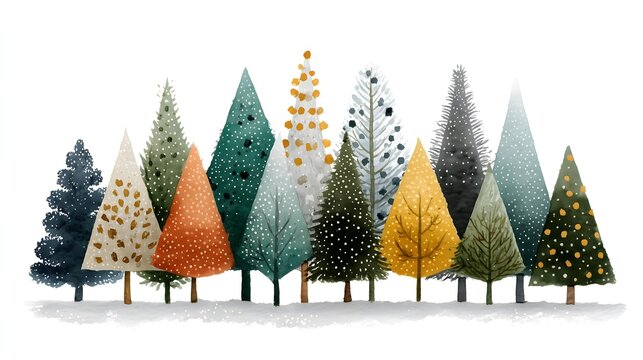 Modern stylized Christmas banner featuring colorful abstract trees and festive snowflakes in a winter wonderland setting