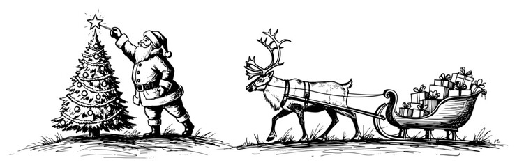 Vintage Hand Drawn Santa Claus with a Christmas Tree and Reindeer Sleigh