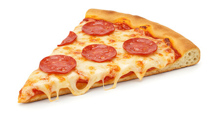 A realistic photograph of a pepperoni pizza slice with melted mozzarella cheese and crispy edges