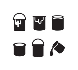 Set of six black paint bucket icons symbolizing creative projects and diy home renovation tools