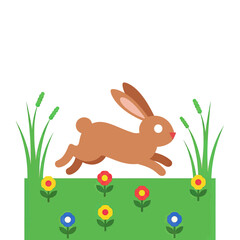A cute brown rabbit leaping through a vibrant green meadow filled with colorful flowers and reeds.