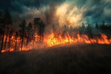 Blurry Forest Fire Lightning Storm Chaos Combined Nature