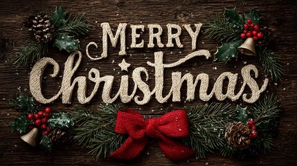 Elegant greeting card design with Merry Christmas in large script surrounded by festive decorations