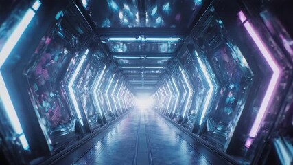 Futuristic neon-lit tunnel with mirrored walls and a bright light at the end - Powered by Adobe