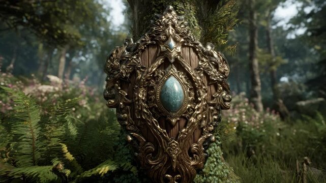 Intricate golden emblem with gemstone embedded in tree trunk, realistic style, set in a vibrant green forest, concept of fantasy magic artifact