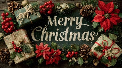 Merry Christmas greeting card decorated with festive gifts and holiday floral arrangements