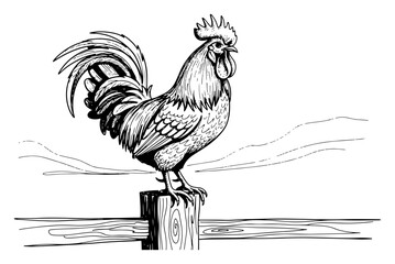 Hand Drawn Rooster on a Wooden Fence Post © Tomas