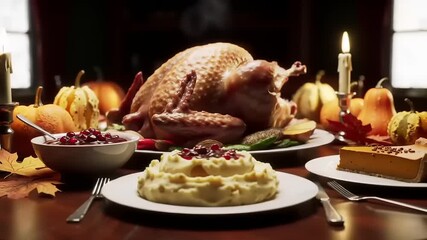 A festive Thanksgiving dinner table laden with a golden roasted turkey and classic side dishes.