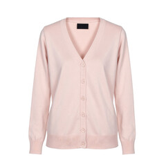Light pink cardigan sweater isolated on a black background, featuring a v-neck collar and a row of buttons down the front.