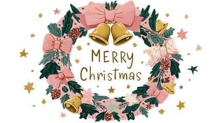 Bright pastel pink Christmas wreath with festive decorations and a cheerful message