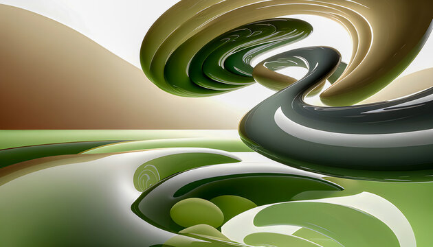 Abstract green and brown fluid landscape with glossy flowing curves resembling hills and rivers under soft light creating a surreal organic environment with futuristic design appeal