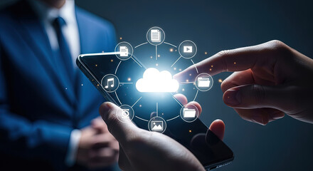 Cloud Computing on Mobile Phone, Business Man Using Cloud Storage App, Data Transfer, File Sharing, Digital Technology, and Modern Business Concept