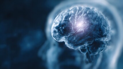 A glowing digital visualization of the human brain highlighting a specific neurological area for medical or scientific focus