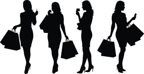 Elegant women silhouettes holding shopping bags and credit cards, fashion consumer lifestyle vector illustration for retail, commerce, sale, marketing design