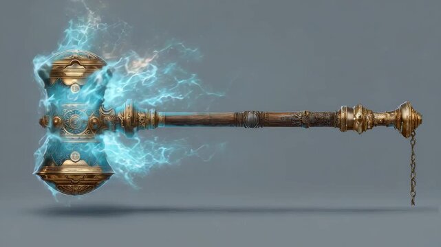 Magical war hammer with glowing electric aura, ornate metal and wood design, isolated on gray background, concept of fantasy weapon power