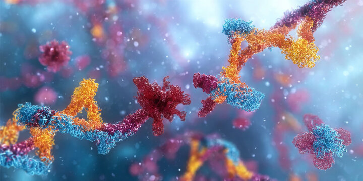 Abstract visualization of complex molecular structures and biological processes in a vibrant, colorful, and dynamic scientific context.