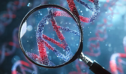 Magnifying glass examining a glowing red and blue DNA double helix structure, representing genetic research and molecular biology.