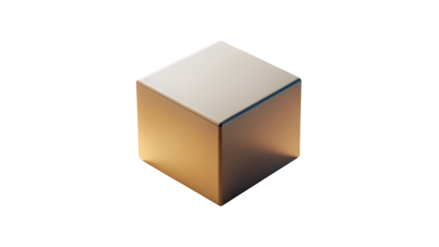 A metallic gold cube, isolated on transparent background, representing a geometric shape with a sleek, modern, and luxurious aesthetic