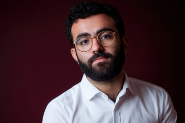 Obraz premium Bearded Middle Eastern Man Maroon Studio Portrait