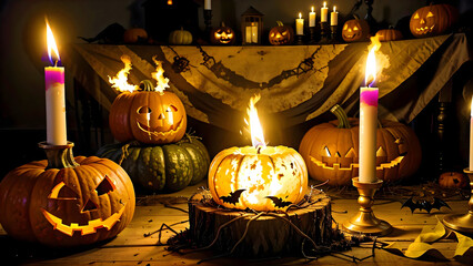 Time-lapse of candles burning down on rustic Halloween table with pumpkins