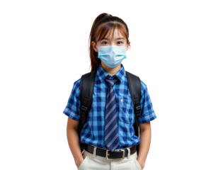 School Student Wearing Face Mask in Blue Checkered Shirt and Tie