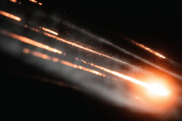A fiery projectile streaks through the darkness, leaving a trail of glowing embers and smoke in its wake.