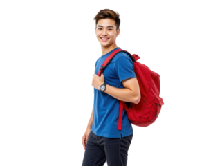 Young man with red backpack smiling against a Transparent background