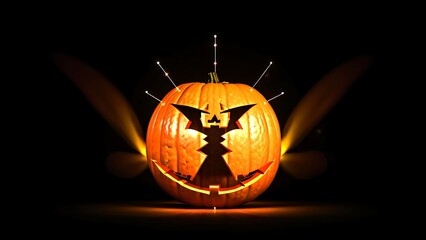 Abstract minimalist animation of Halloween text made from glowing smoke particles, black background, seamless loop