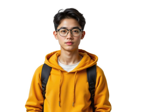 Young Asian Student in Yellow Hoodie with Backpack and Glasses
