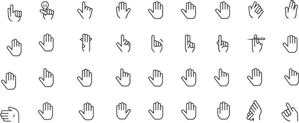 Hand gesture icons, symbolic communication signs, black and white line art, minimal finger movement graphics, expressive hand visuals, interface signal vector set