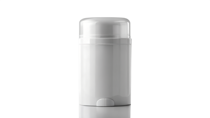 White solid deodorant stick in a plastic container with a clear cap, isolated on transparent background