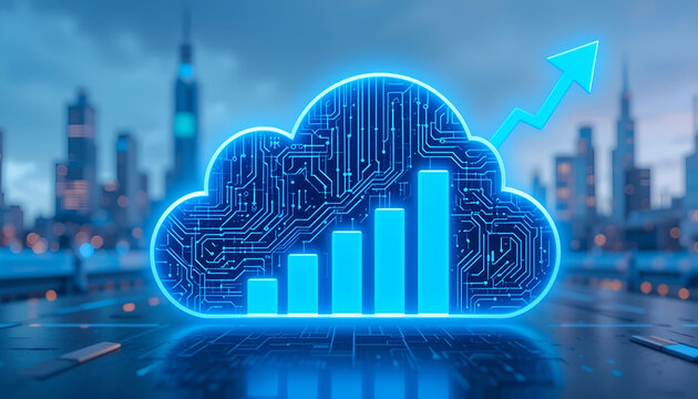 Digital Growth: Glowing Cloud Circuit with Bar Chart and Up Arrow