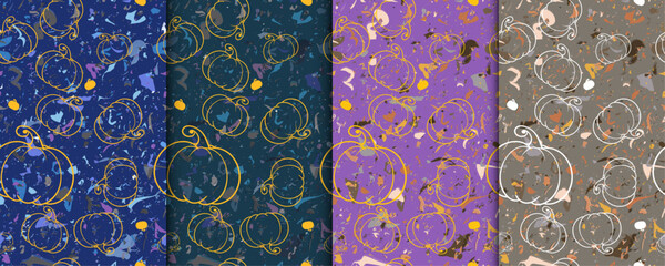 Convenient simple repeating Halloween seamless vector pattern of carved jack-o-lantern pumpkin faces with Bats and textured base