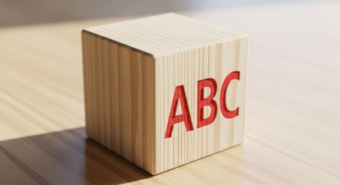 Wooden block displaying the letters ABC in a bold, red font sits on a light-colored wooden surface, illuminated by soft, natural lighting and casting a subtle shadow.