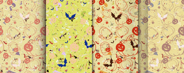 Convenient simple repeating Halloween seamless vector pattern of carved jack-o-lantern pumpkin faces with Bats and textured base