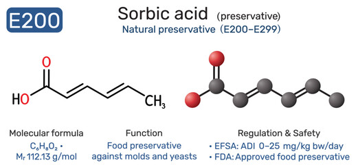 E200 sorbic acid molecule food additive. Natural preservative against molds and yeasts